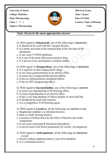 Part one: Multiple Choice Questions (40 questions,60 marks) Note ...