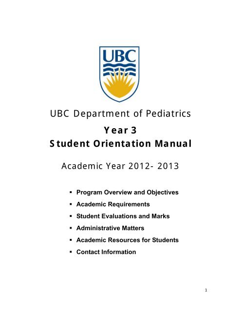 UBC Department of Pediatrics Year 3 Student Orientation Manual