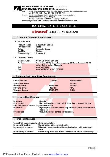 MSDS - B-168 Butyl Sealant - Mohm Chemical Sdn Bhd