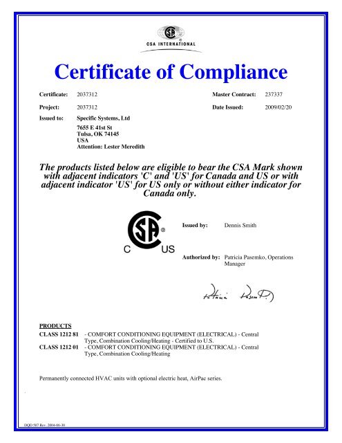 CSA Certificate of Compliance - Specific Systems