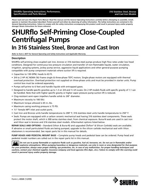 SHURflo Self-Priming Close-Coupled Centrifugal Pumps 316 ...