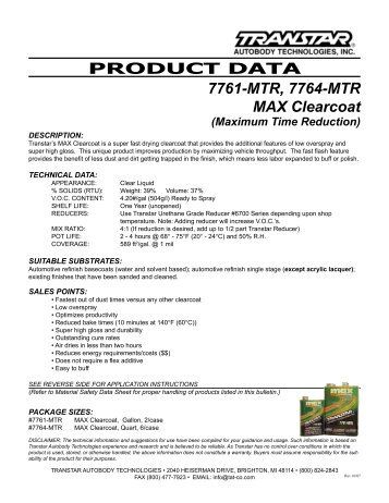 Data Sheet and Usage Instructions - Auto Body Toolmart