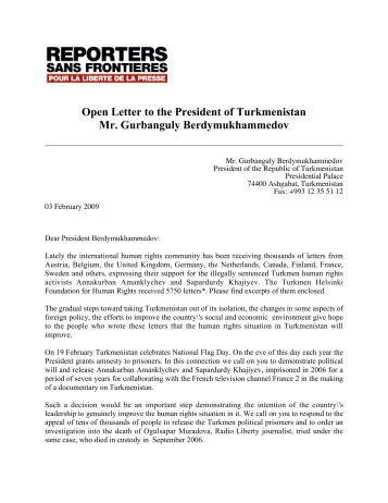 Open Letter to the President of Turkmenistan Mr. Gurbanguly ...