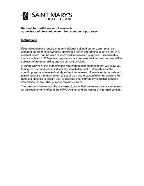 Request for partial waiver of research authorization/informed 