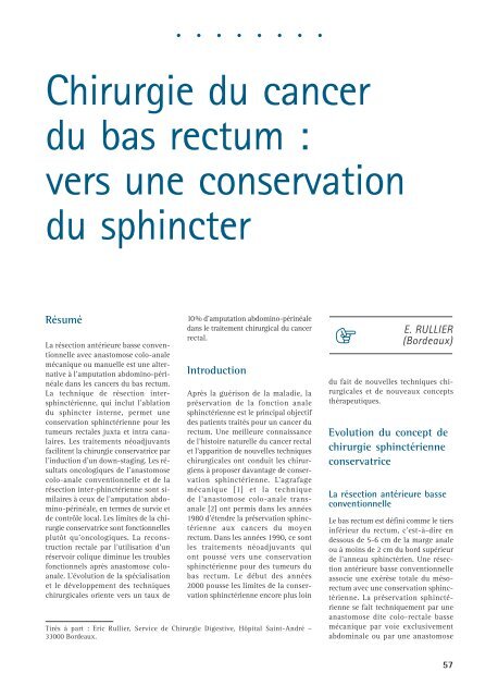 Chirurgie du cancer du bas rectum : vers une conservation du ...