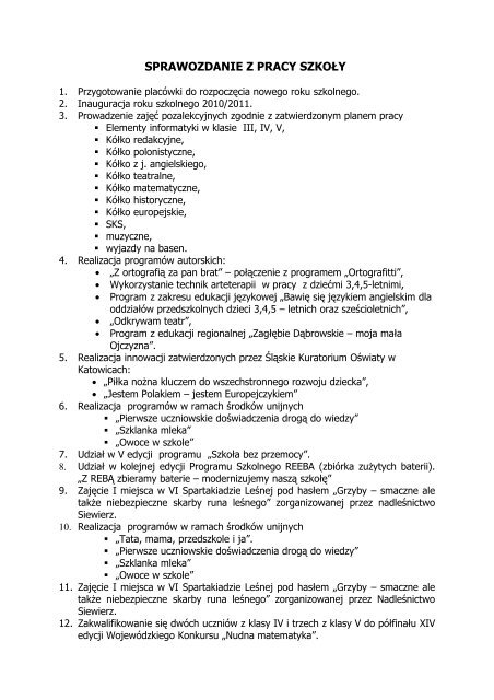 Sprawozdanie z pracy SzkoÅ y Podstawowej w DÄ biu za rok szkolny