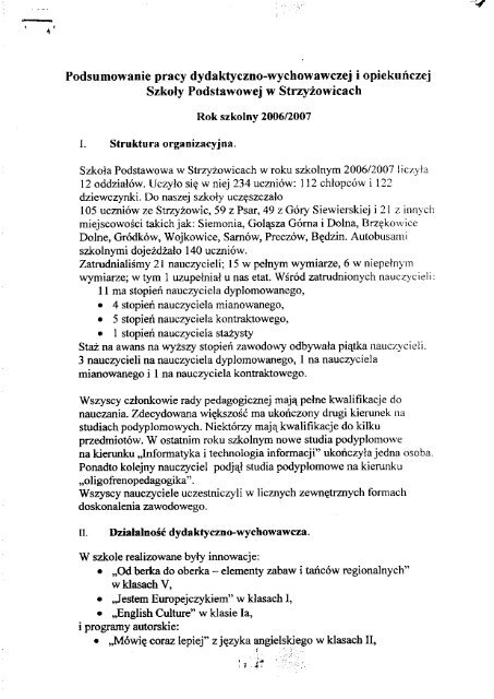 Sprawozdanie z pracy SzkoÅ y Podstawowej w StrzyÅ¼owicach za rok