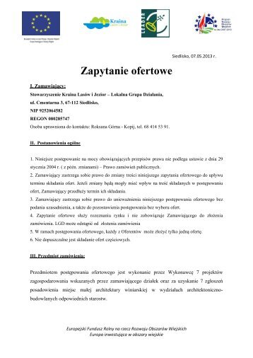 zapytanie ofertowe .pdf - Stowarzyszenie Kraina LasÃ³w i Jezior