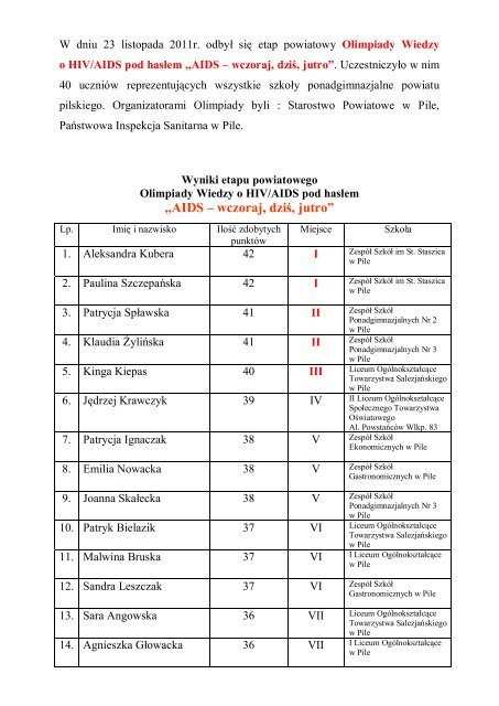 Wykaz szkÃ³Å i uczestnikÃ³w etapu powiatowego Olimpiady Wiedzy o ...
