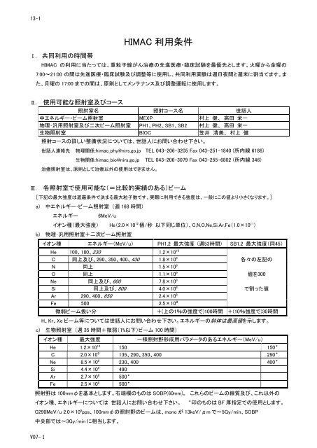 HIMAC 利用条件