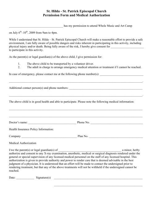 St Patrick Episcopal Church Permission Form And Medical