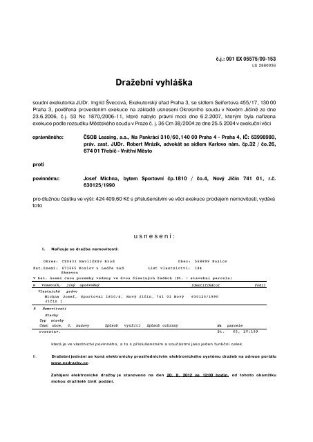 Dražební vyhláška - stavební parcela k.ú. KOZLOV