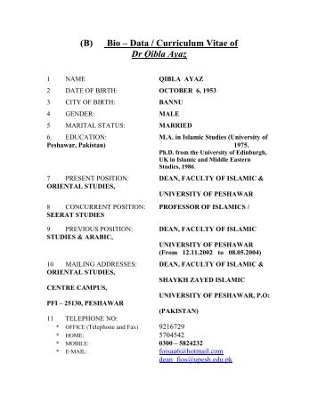 (B) Bio â€“ Data / Curriculum Vitae of Dr Qibla Ayaz