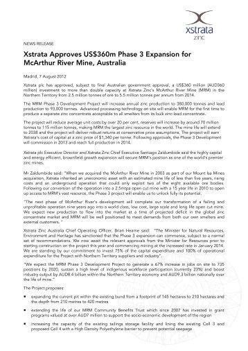 Xstrata approves MRM Phase 3 Expansion - McArthur River Mining