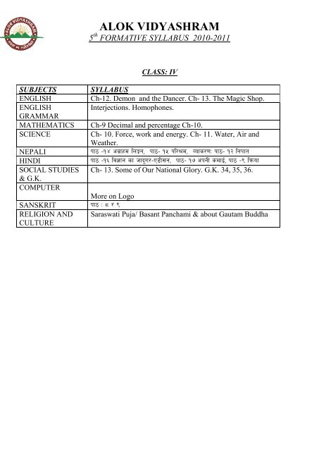 formative syllabus 2010-2011 - Alok Vidyashram