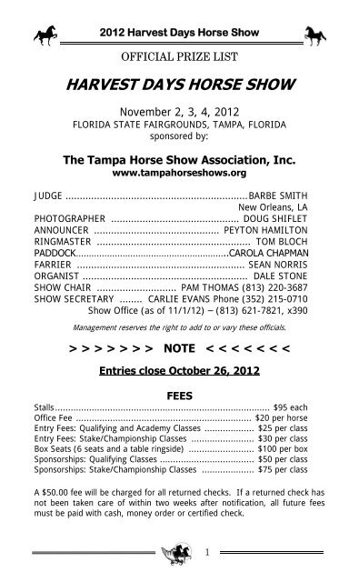 2012 Harvest Days Prize List - Tampa Horse Show Association
