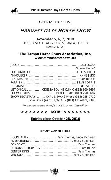 official prize list - harvest days - Tampa Horse Show Association