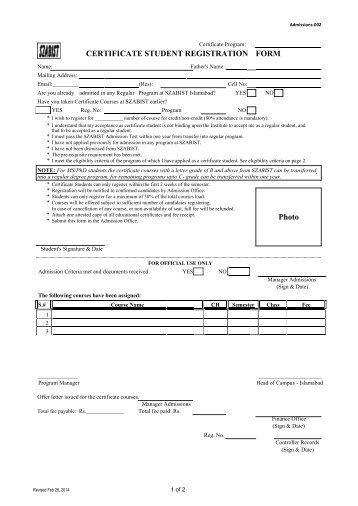 Certificate Student Registration Form - SZABIST Islamabad