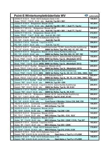 Point-S Winterkompletträderliste WV