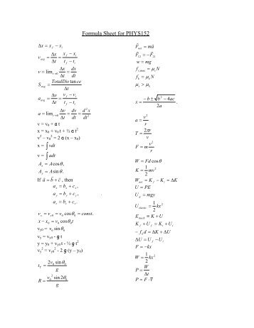 Formula Sheet for PHYS152