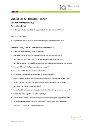 Checkliste fÃ¼r Beraterinnen und Berater - Netzwerk Integration durch ...