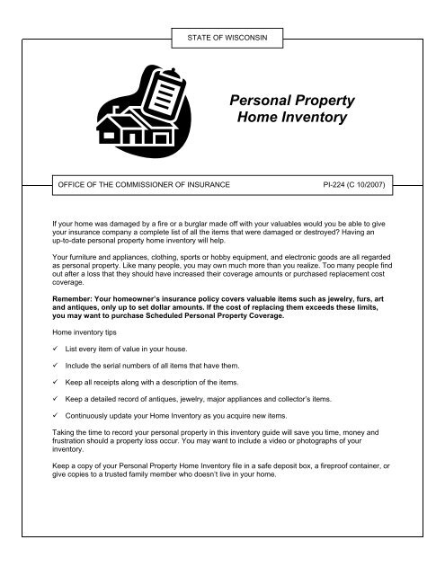 Personal Property Home Inventory (PI-224) - Wisconsin Office of the ...