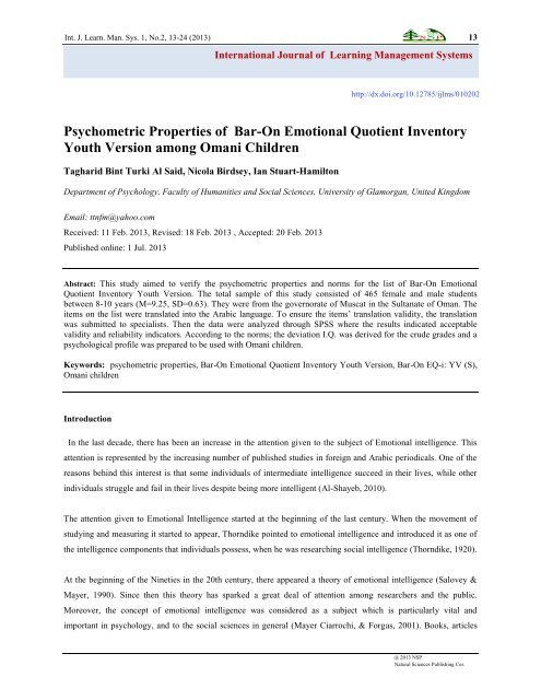 Psychometric Properties Of Bar On Emotional Quotient Inventory