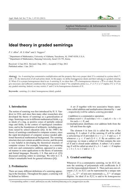 Ideal theory in graded semirings - Natural Sciences Publishing