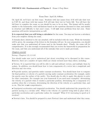 PHYSICS 101: Fundamentals of Physics I â Exam 1 Prep Sheet ...