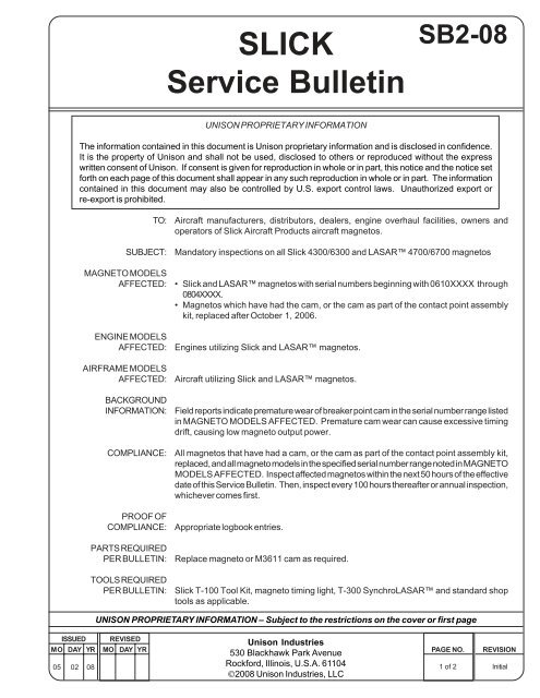 Slick Service Bulletin SB2-08 - Quality Aircraft Accessories