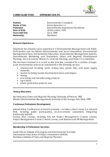 EAPAN CV Stephanie van Zyl - Enviro Dynamics Namibia