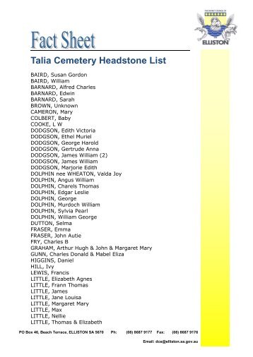 Talia Cemetery Headstone List (135 kb) - SA.gov.au