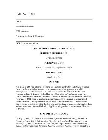 ISCR Case No. 03-16810 (April 11, 2005) - Mark Zaid