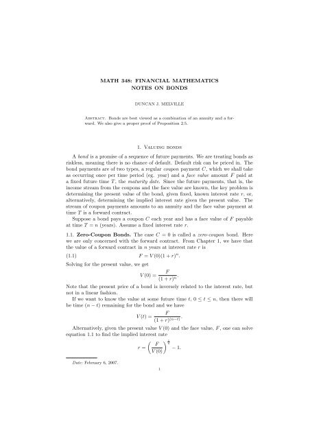 MATH 348: FINANCIAL MATHEMATICS NOTES ON BONDS 1 ...