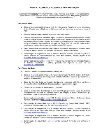 ANEXO III - DOCUMENTOS NECESSÃRIOS PARA HABILITAÃÃO ...