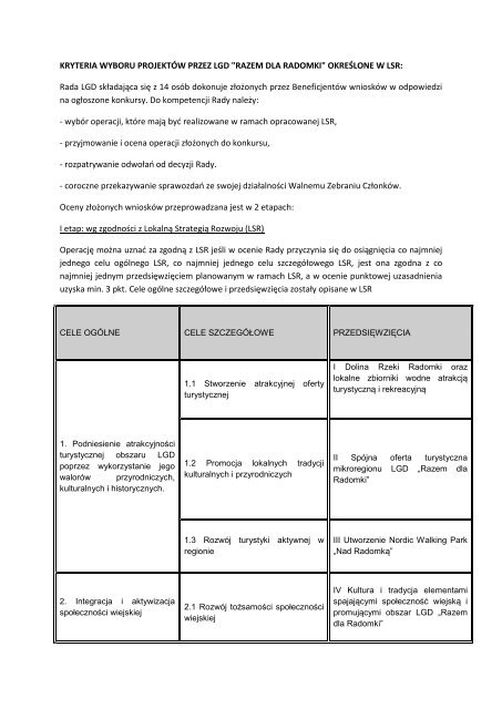 KRYTERIA WYBORU PROJEKTÓW PRZEZ LGD - Stowarzyszenie ...