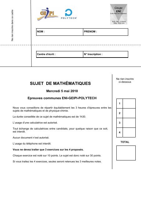 SUJET DE MATHÃMATIQUES - Concours Geipi Polytech