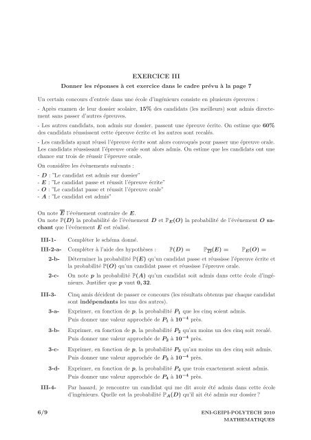 SUJET DE MATHÃMATIQUES - Concours Geipi Polytech