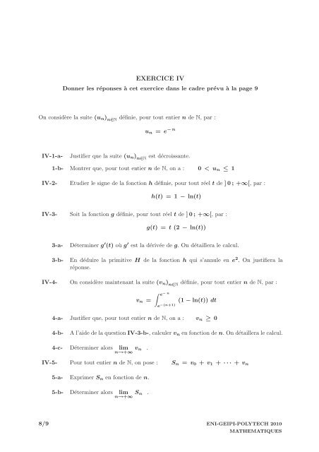 SUJET DE MATHÃMATIQUES - Concours Geipi Polytech