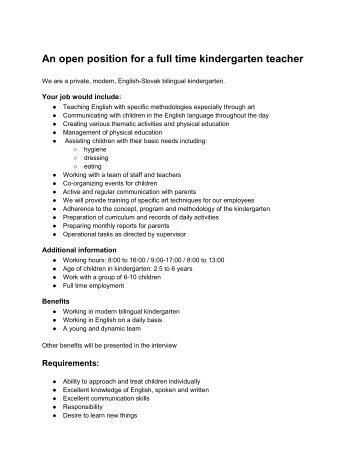 An open position for a full time kindergarten teacher