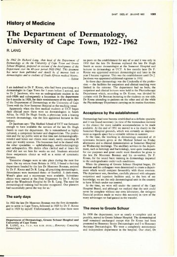 History of the Dermatology dept UCT.