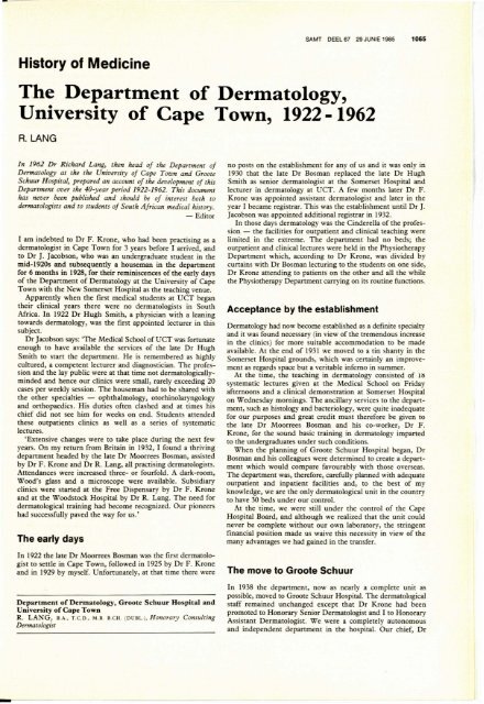 History of the Dermatology dept UCT.