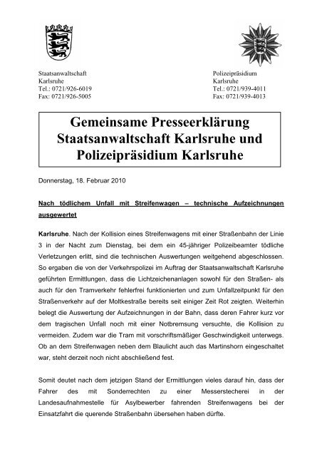 Gemeinsame Presseerklärung Staatsanwaltschaft Karlsruhe und ...