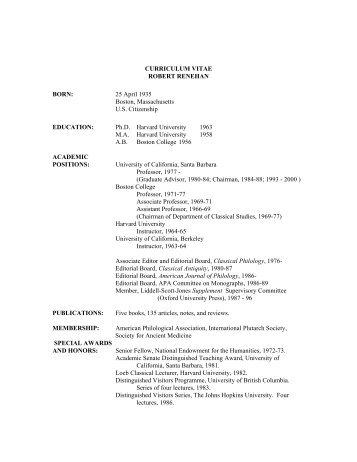 CURRICULUM VITAE ROBERT RENEHAN BORN - Department of ...