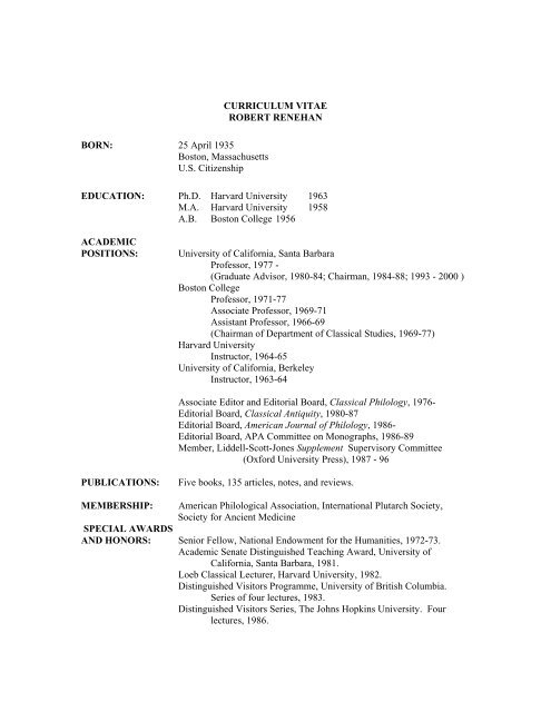 CURRICULUM VITAE ROBERT RENEHAN BORN - Department of ...