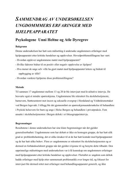 sammendrag av underskelsen ungdoms erfaringer med ...
