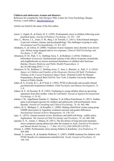Children and adolescents, trauma and disasters. Reference list ...