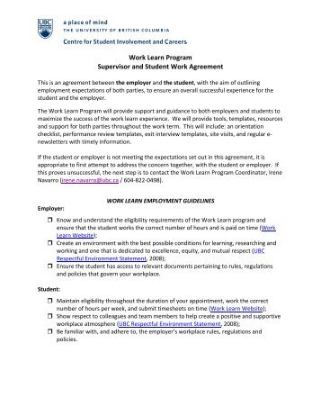 Work Learn Program Supervisor and Student Work Agreement