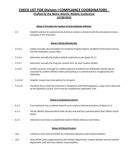 Div Checklists CHECK LIST FOR Division I COMPLIANCE COORDINATORS
