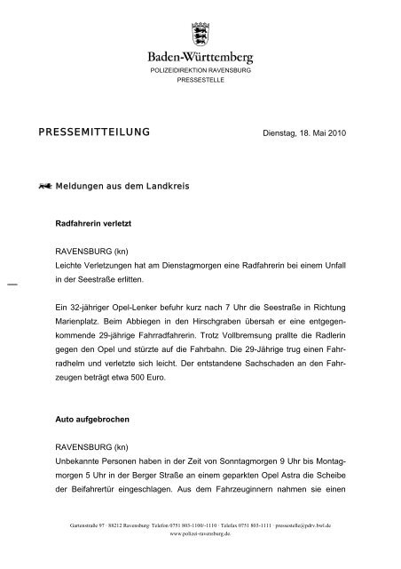 PRESSEMITTEILUNG - Polizeidirektion Ravensburg